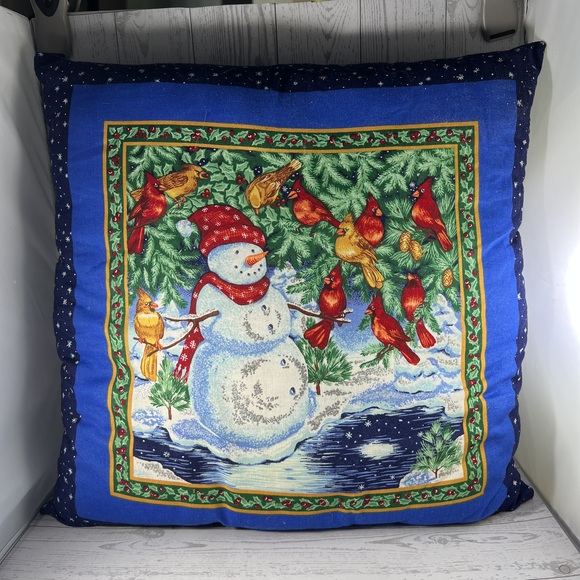 Other - Christmas Pillow 14 Inch Blue Square Snowman Cardinals Holiday Decor Festive